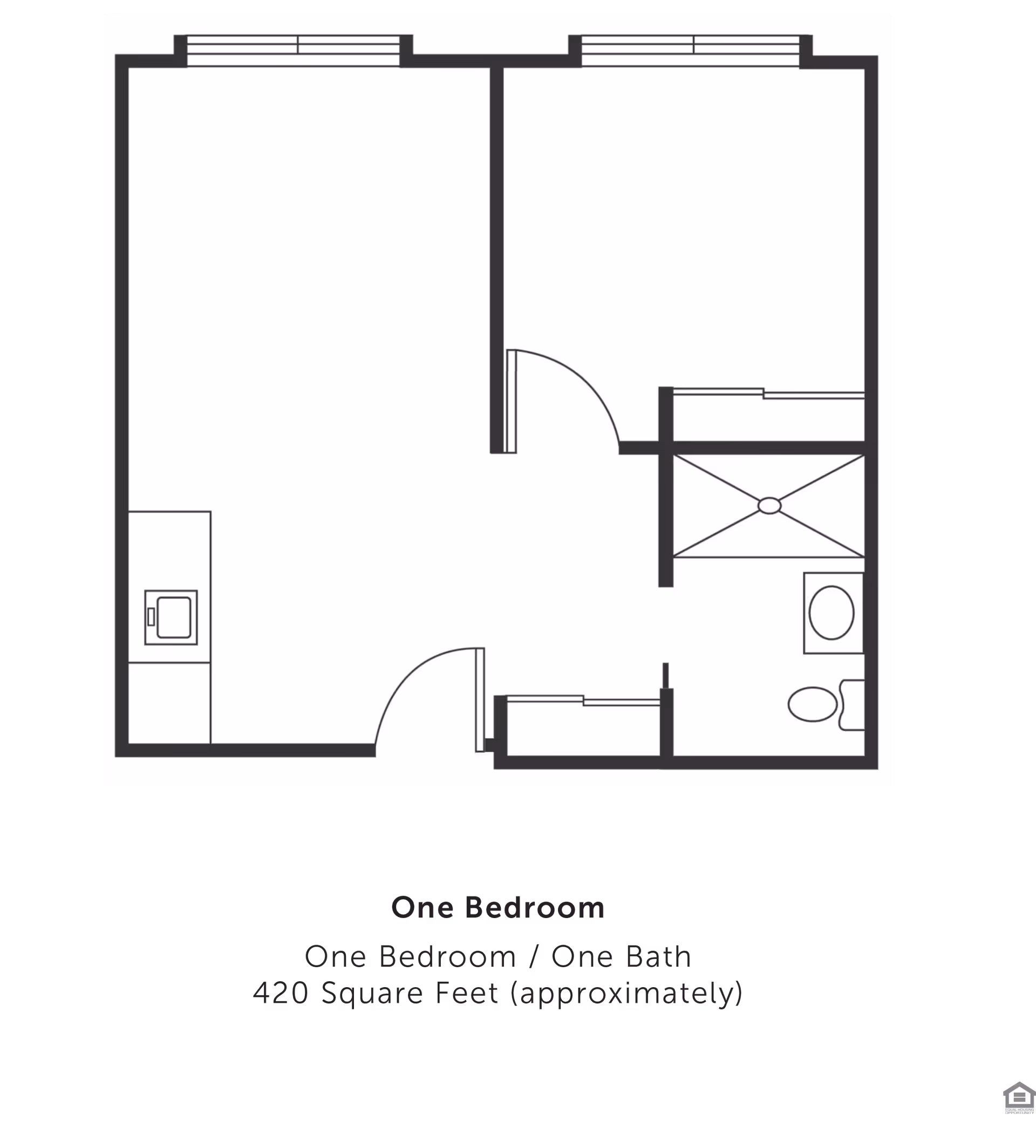 Floor plan of a one-bedroom, one-bath apartment approximately 420 square feet, showing a bedroom, bathroom with shower, toilet and sink, a kitchen area, and a living space.