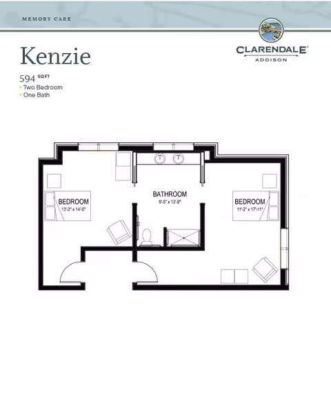 Floor plan of a two-bedroom, one-bath apartment named Kenzie at Clarendale of Addison, showing the layout with two bedrooms, a bathroom with double sinks, and furniture placement.