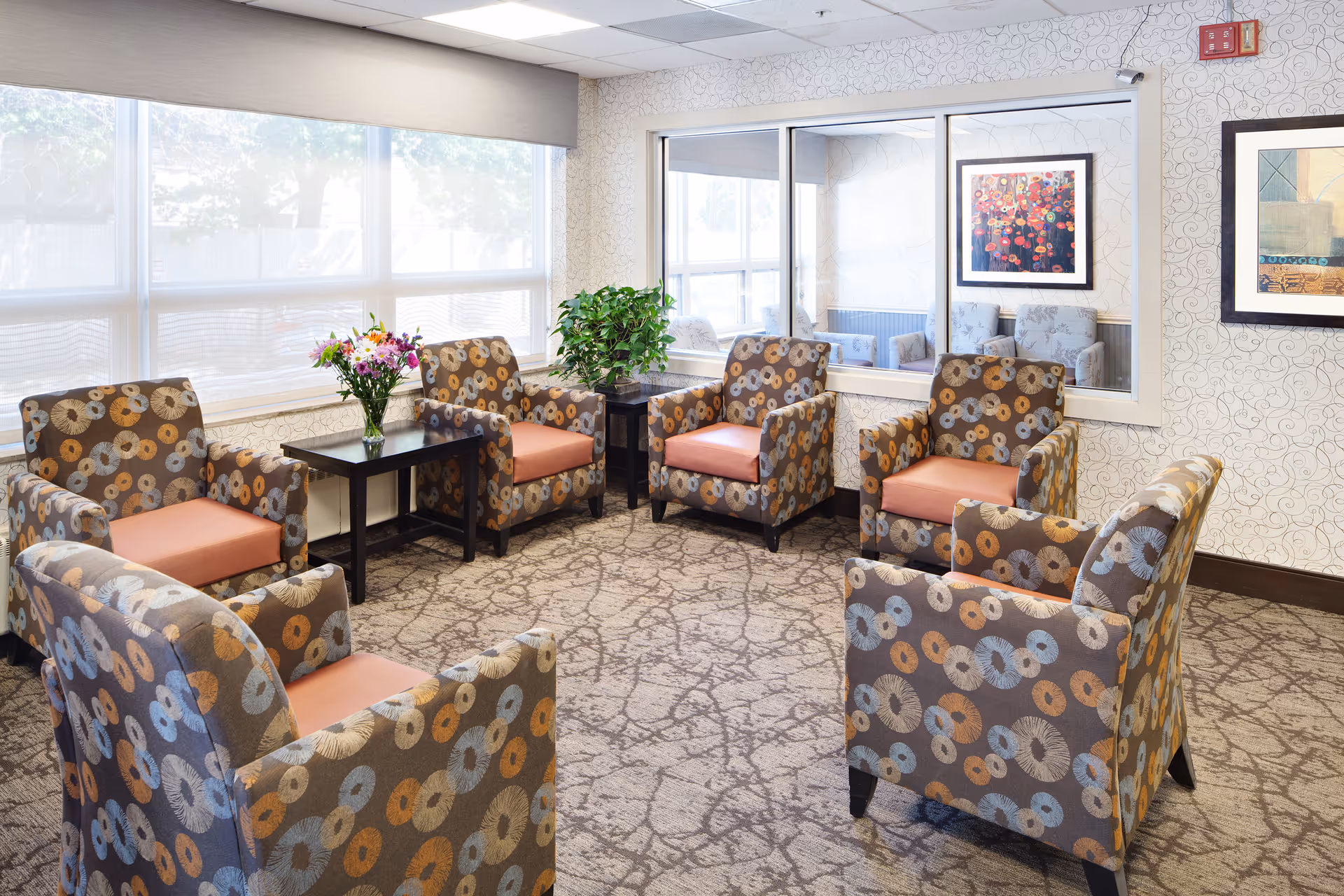 Bright communal lounge with patterned armchairs arranged in a circle around side tables, plants and large windows.