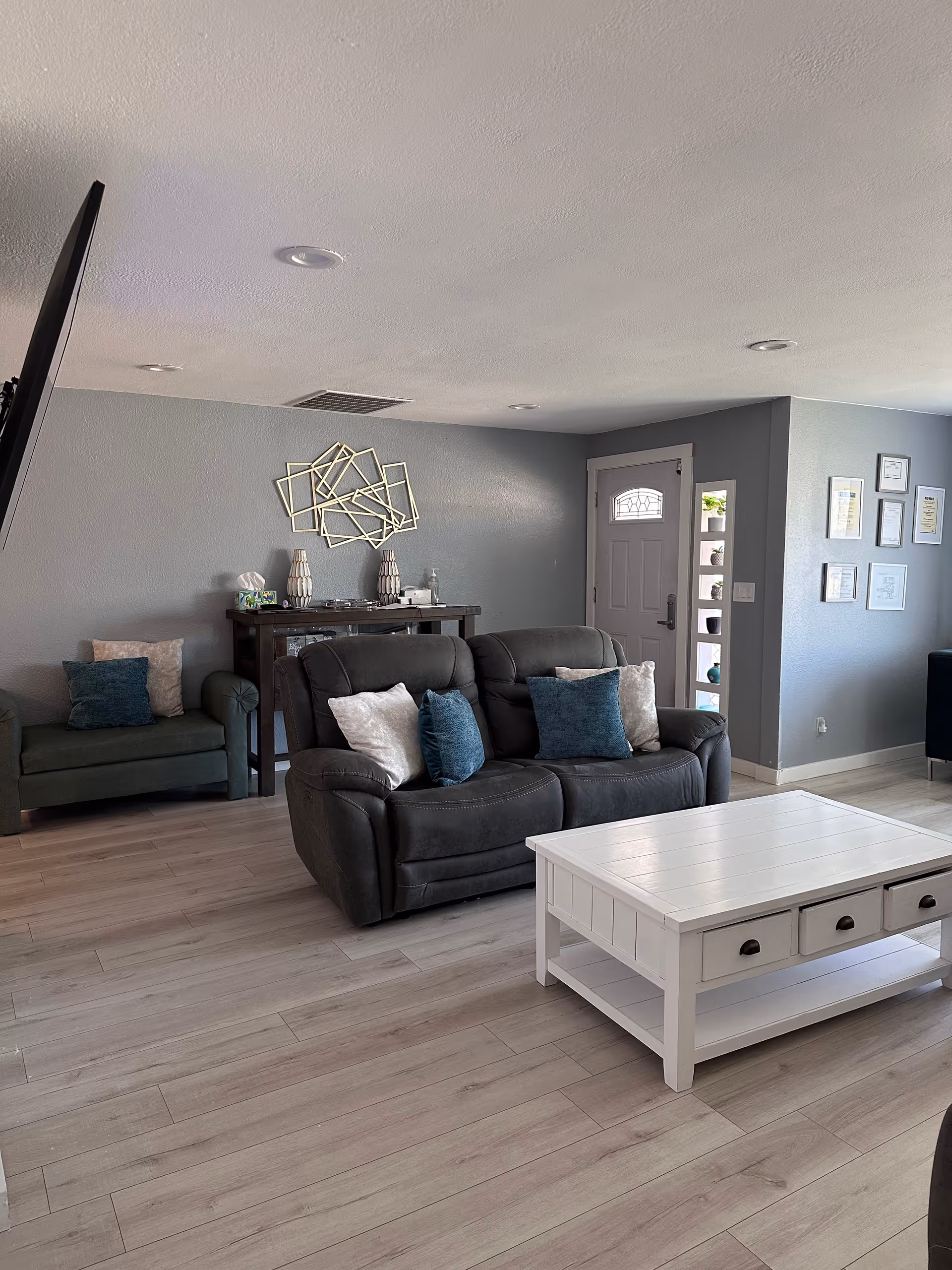 A cozy living room with a dark gray loveseat and a green armchair, both adorned with blue and white throw pillows. A white wooden coffee table with drawers sits in front of the loveseat on light wood flooring. The walls are painted gray with a decorative geometric wall art above a console table holding various items. A white front door with a small window and a narrow built-in shelf with plants is visible in the background.