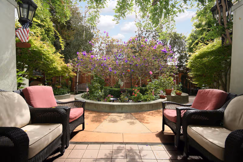 Outdoor patio area with cushioned wicker chairs arranged around a circular garden bed filled with blooming purple flowers and greenery, surrounded by trees and plants under a partly cloudy sky.