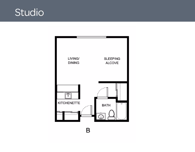 Black-and-white studio apartment floor plan labeled 'B' showing living/dining area, sleeping alcove, kitchenette, and bath.