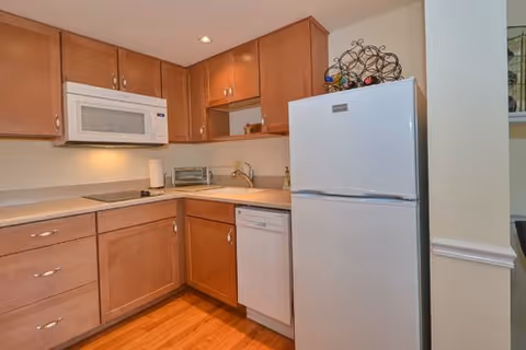 Compact kitchen with wooden cabinets, white refrigerator, built-in microwave, dishwasher and a countertop toaster oven.