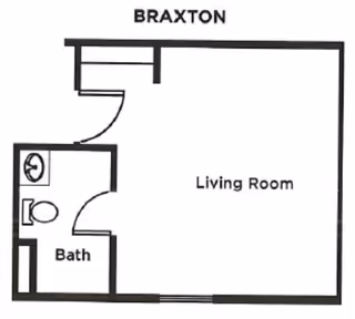 Floor plan labeled Braxton showing a living room and a separate bathroom with a toilet and sink.