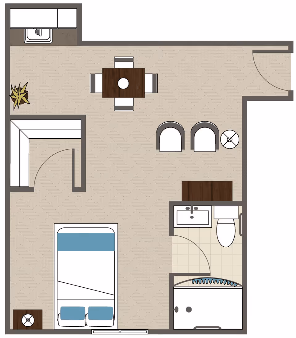 Floor plan of a senior living facility unit showing a bedroom area with a bed and nightstand, a living area with a sofa and two chairs, a dining area with a table and four chairs, a kitchenette with a sink, and a bathroom with a sink, toilet, and shower.
