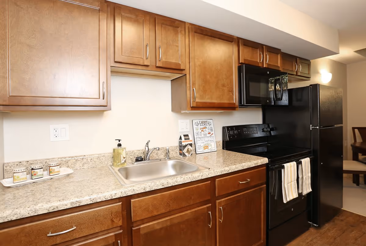 Kitchen area with wooden cabinets, a granite countertop, a stainless steel sink, a black microwave, stove, and refrigerator. There are two striped towels hanging on the stove handle and some small decorative items on the countertop.