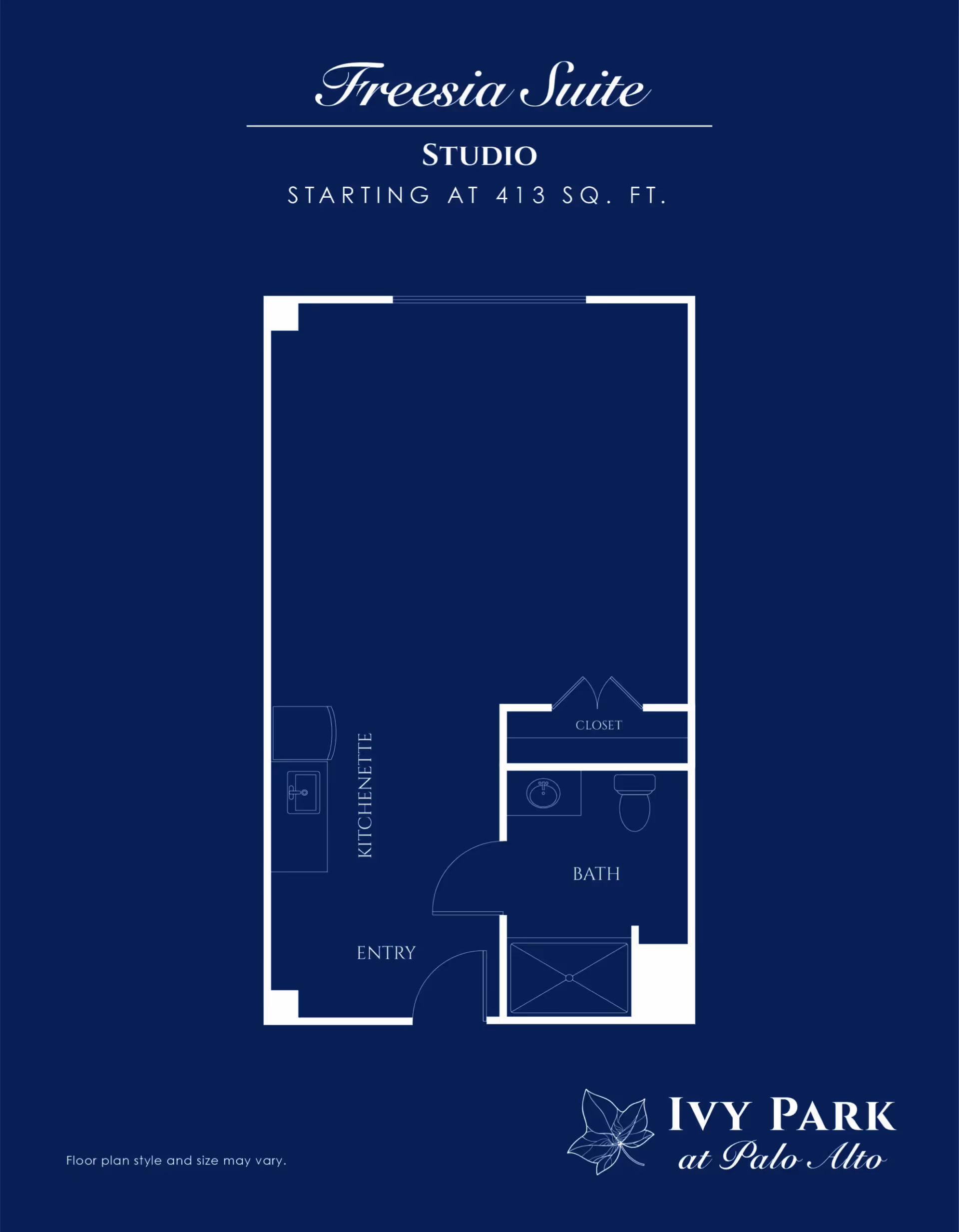 Floor plan of the Freesia Suite studio apartment at Ivy Park at Palo Alto, starting at 413 square feet. The layout includes an entry area leading to a kitchenette, a bathroom with a sink, toilet, and shower, and a closet adjacent to the bathroom.