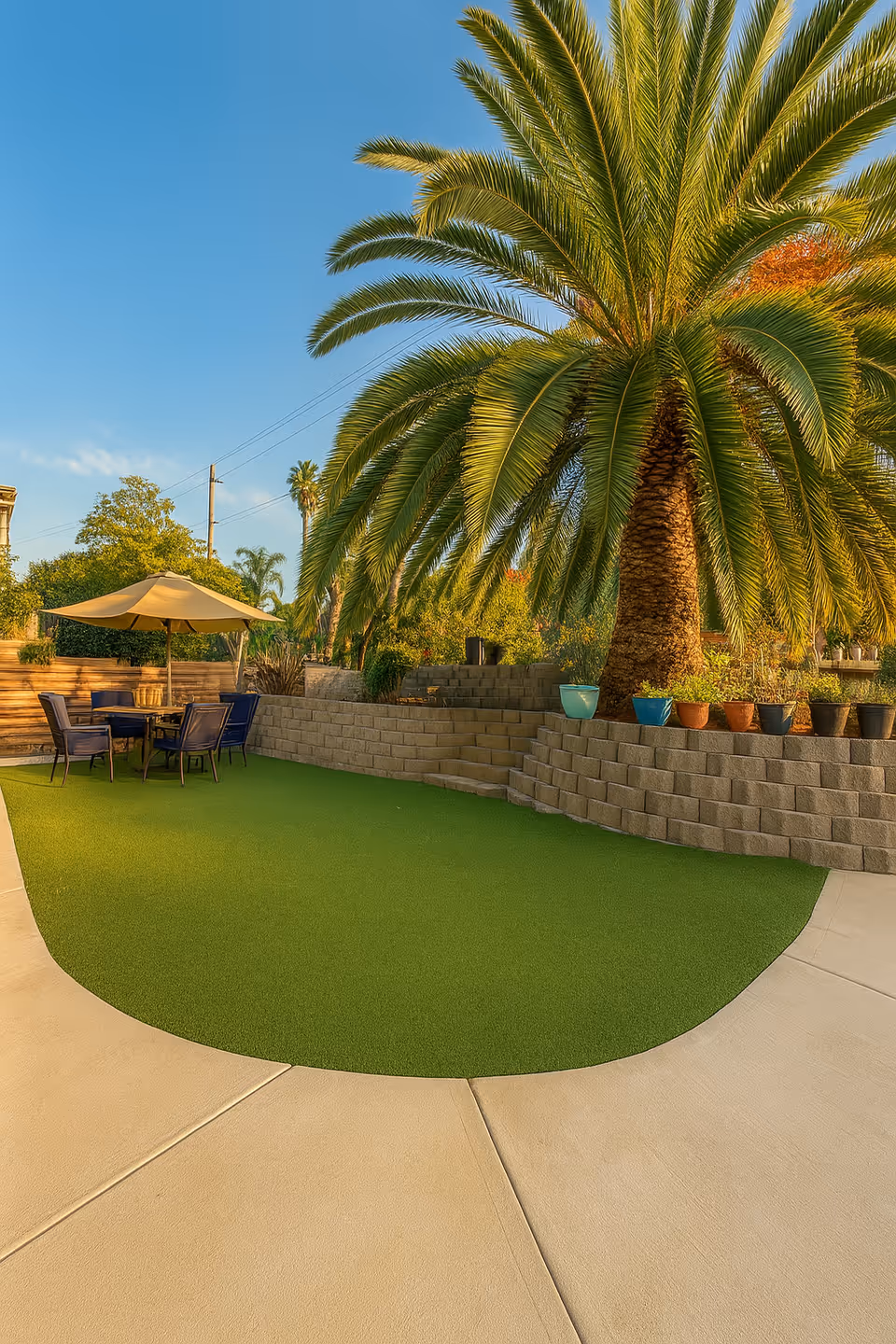Outdoor patio area with a large palm tree, green artificial turf, a round table with four chairs, and a beige umbrella. There are potted plants on a raised stone wall and a clear blue sky in the background.