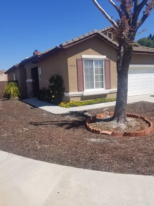Front exterior of a single-story house with a tree, driveway, and garage.