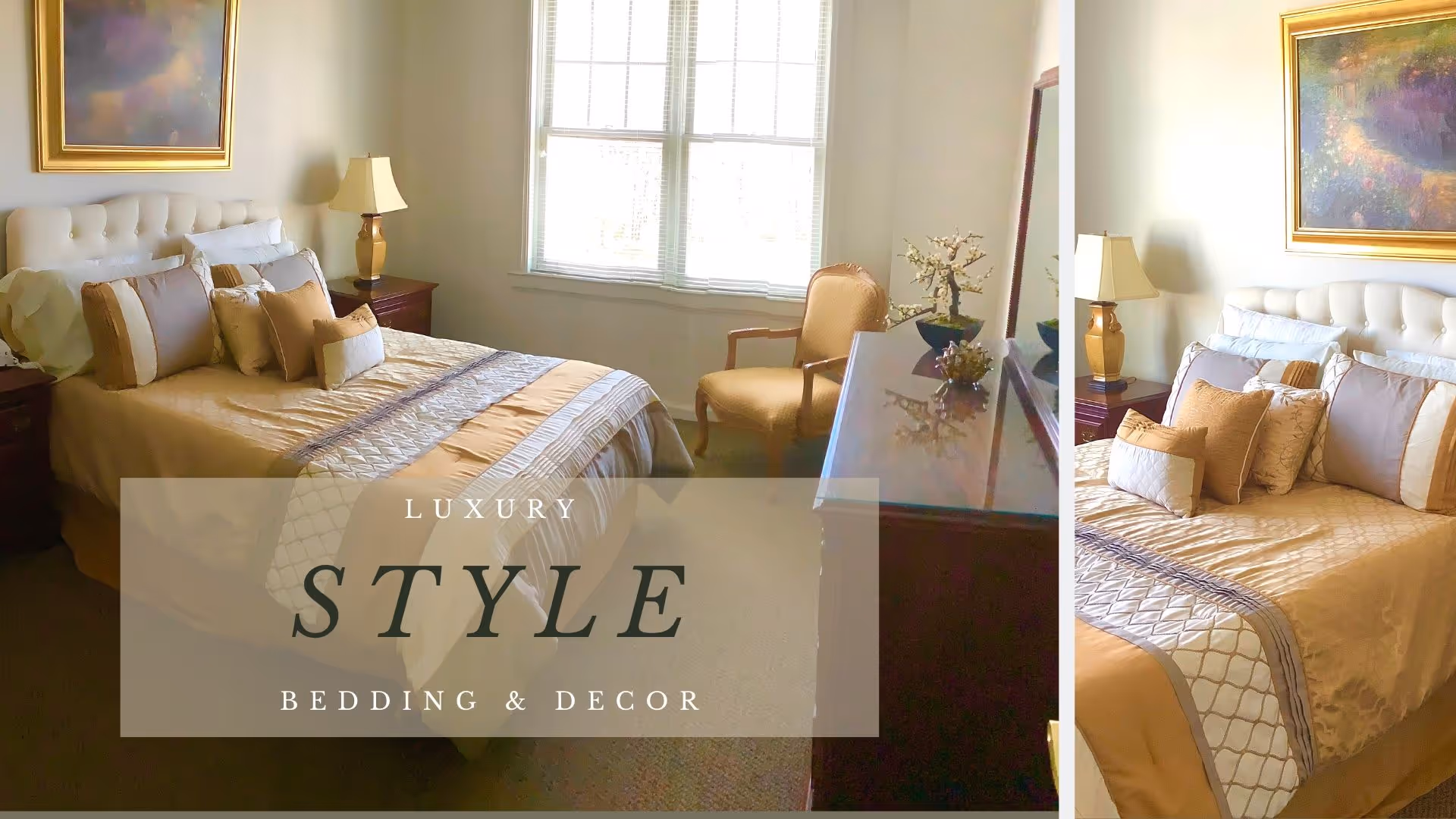 A well-decorated bedroom with a neatly made bed featuring multiple pillows and a beige and gold bedspread. The room includes a wooden dresser with a mirror, a beige upholstered chair, two bedside tables with lamps, a window letting in natural light, and a framed painting on the wall.