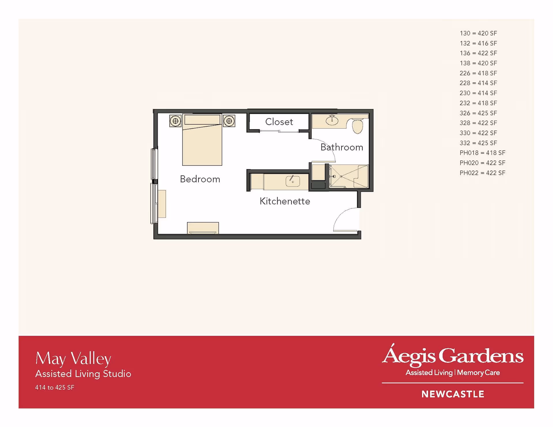 Floor plan of May Valley Assisted Living Studio at Aegis Gardens Newcastle, showing a bedroom, closet, bathroom, and kitchenette in a layout ranging from 414 to 425 square feet.