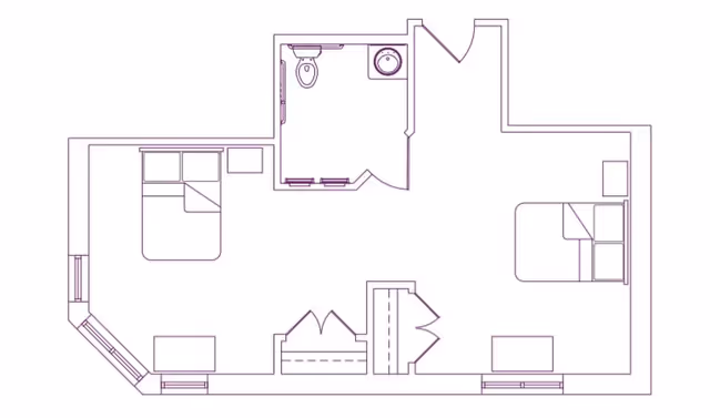Line-drawn floor plan of a small apartment showing two beds, a bathroom, an entryway, and closets.