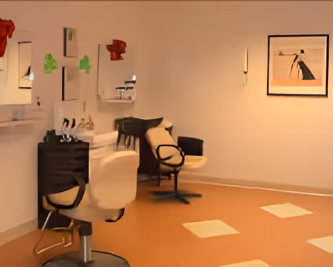 Small hair salon area inside the facility with styling chairs, mirrors, and wall art.