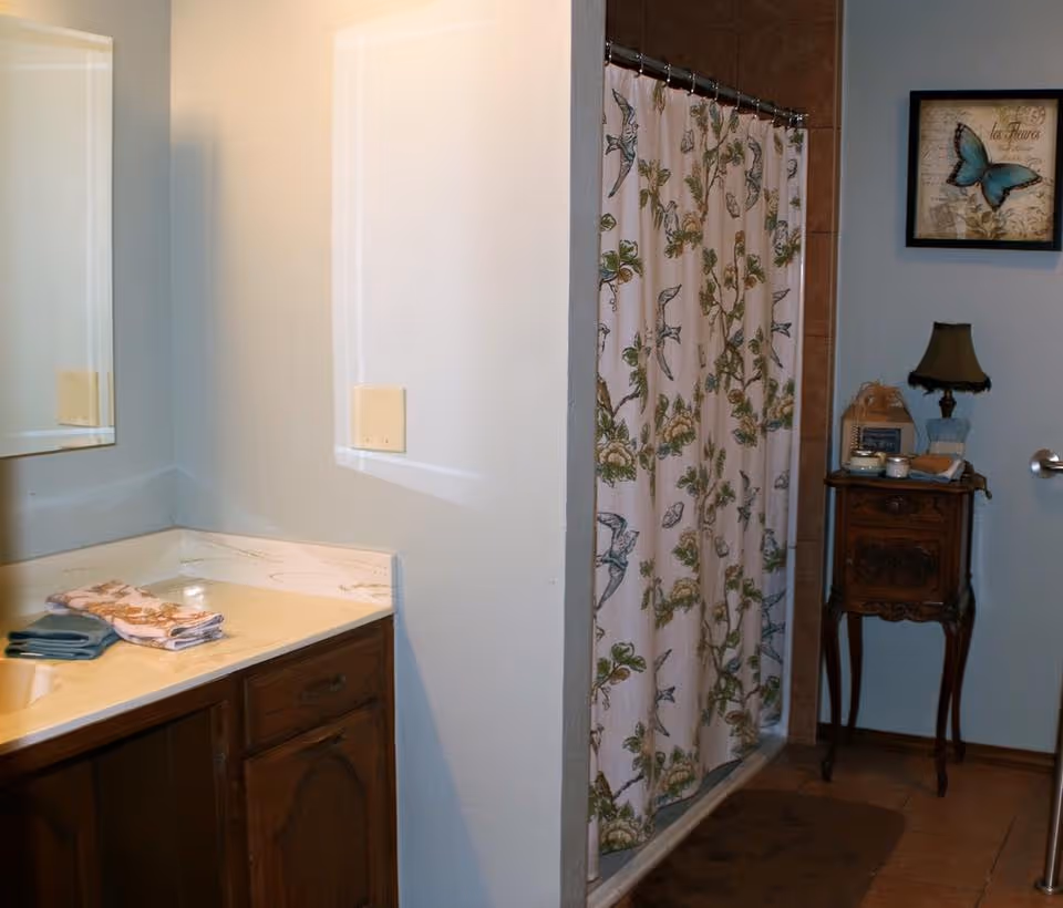 A bathroom with a wooden vanity topped with a marble countertop and folded towels. There is a shower area with a floral and bird patterned shower curtain. Next to the shower is a small wooden side table with a lamp, some decorative items, and a framed butterfly picture hanging on the wall above it.