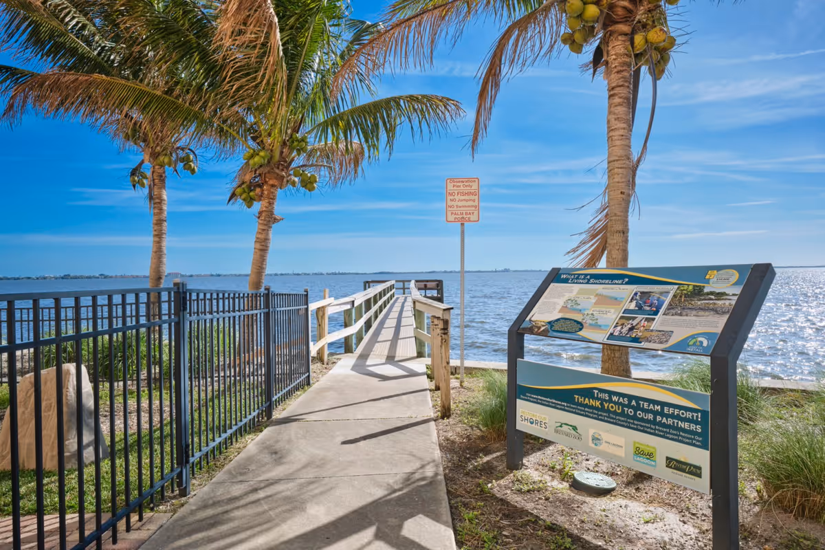 A sunny outdoor scene featuring a concrete walkway leading to a wooden observation pier over a body of water. Two palm trees with coconuts flank the walkway. There is a black metal fence on the left side and an informational sign on the right side about living shorelines and project partners. A sign near the pier states rules including no fishing, no jumping, and no swimming.