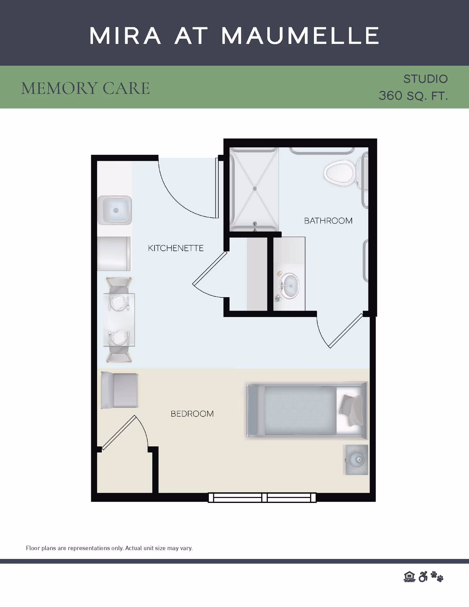 Floor plan of a studio memory care unit at Mira at Maumelle, showing a kitchenette, bathroom with shower and toilet, and a bedroom area with a bed, chair, and nightstand. The total area is 360 square feet.