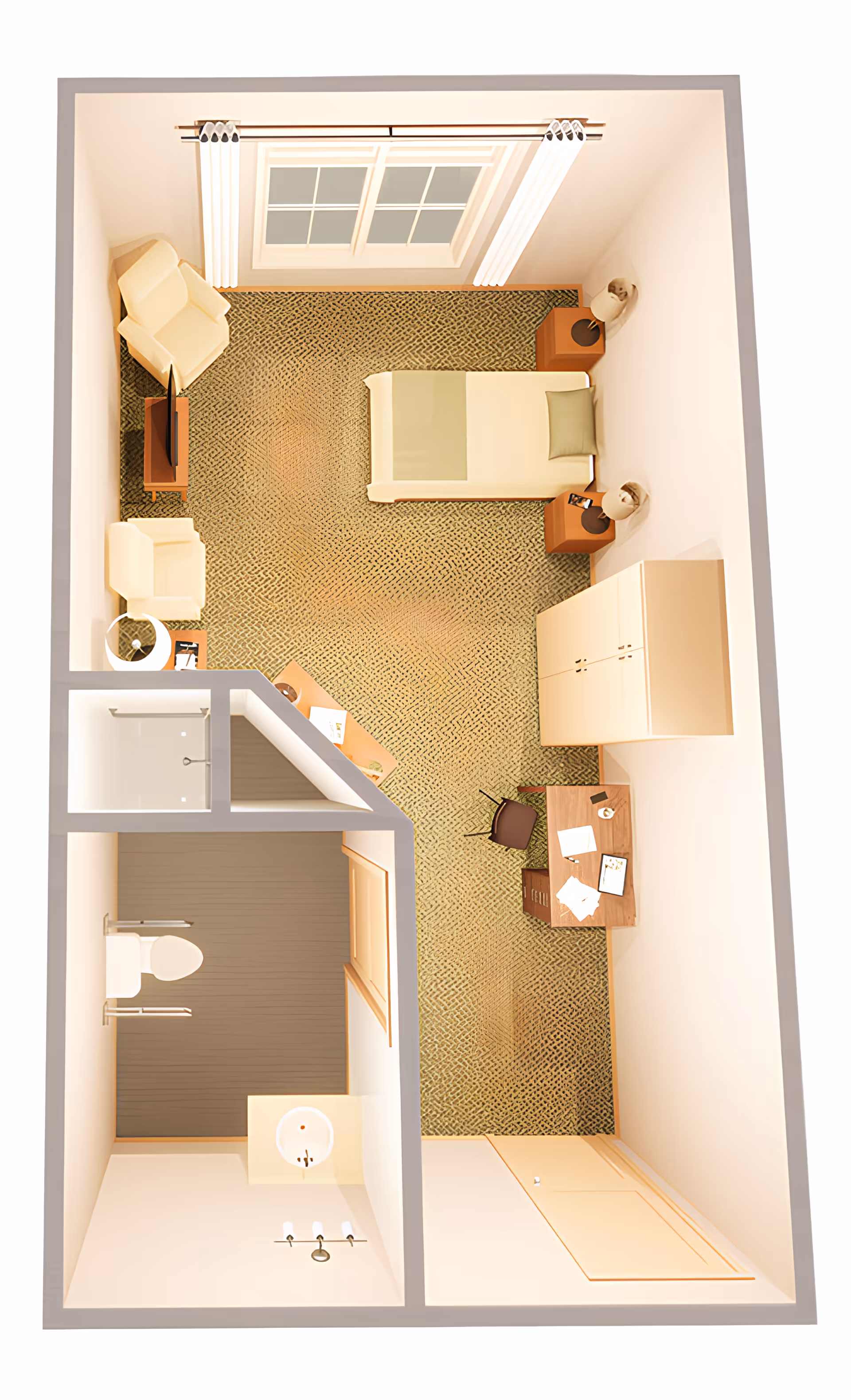 Top-down view of a small assisted living facility room featuring a single bed with a pillow and blanket, two bedside tables with lamps, a wardrobe, a desk with a chair and papers, two armchairs with a small table and TV, and an attached bathroom with a toilet, sink, and shower.