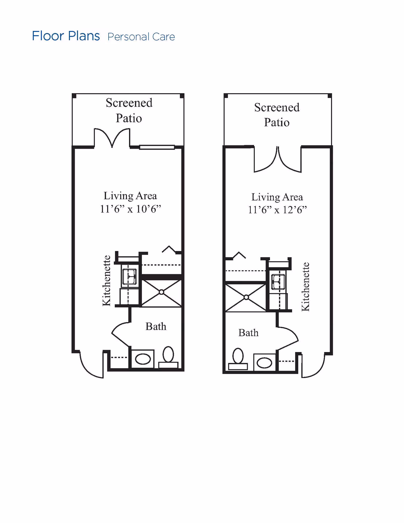 Floor plans for personal care units showing two layouts each with a screened patio, living area, kitchenette, and bathroom. The left layout has a living area of 11 feet 6 inches by 10 feet 6 inches, and the right layout has a living area of 11 feet 6 inches by 12 feet 6 inches.