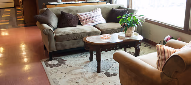 A cozy living room area with a beige sofa and armchair, both adorned with striped and solid throw pillows. A wooden coffee table with a plant and a small dish sits on a floral patterned rug. Large windows with blinds allow natural light to fill the room.