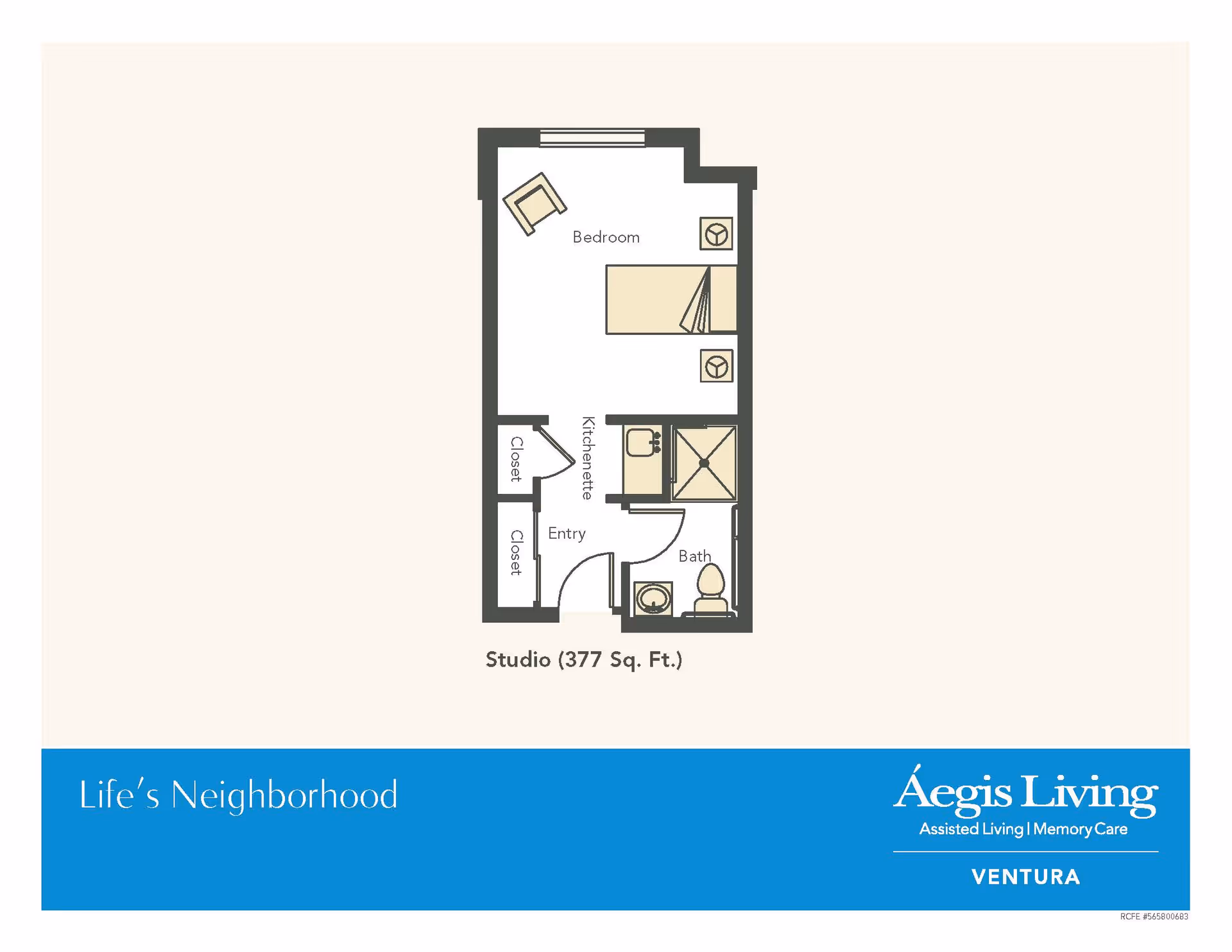 Simple floor plan illustration of a 377 sq. ft. studio apartment showing a bedroom area, kitchenette, bathroom, and closets.