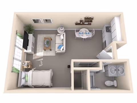 3D floor plan of a studio apartment featuring a sleeping area with a bed and nightstand, a living area with a sofa, coffee table, TV, and plant, a dining area with a round table and chairs, a kitchen with cabinets and appliances, and a bathroom with a toilet and double sink.
