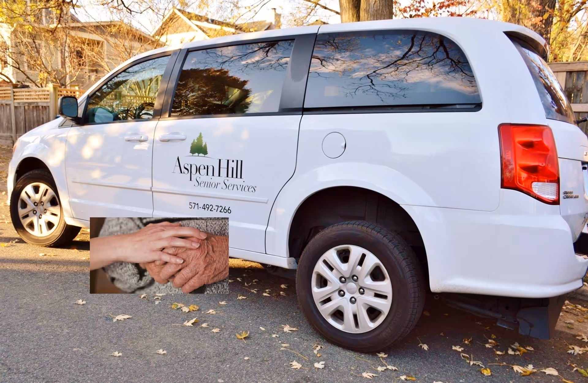 White Aspen Hill Senior Services van parked on a street with the facility logo and phone number visible