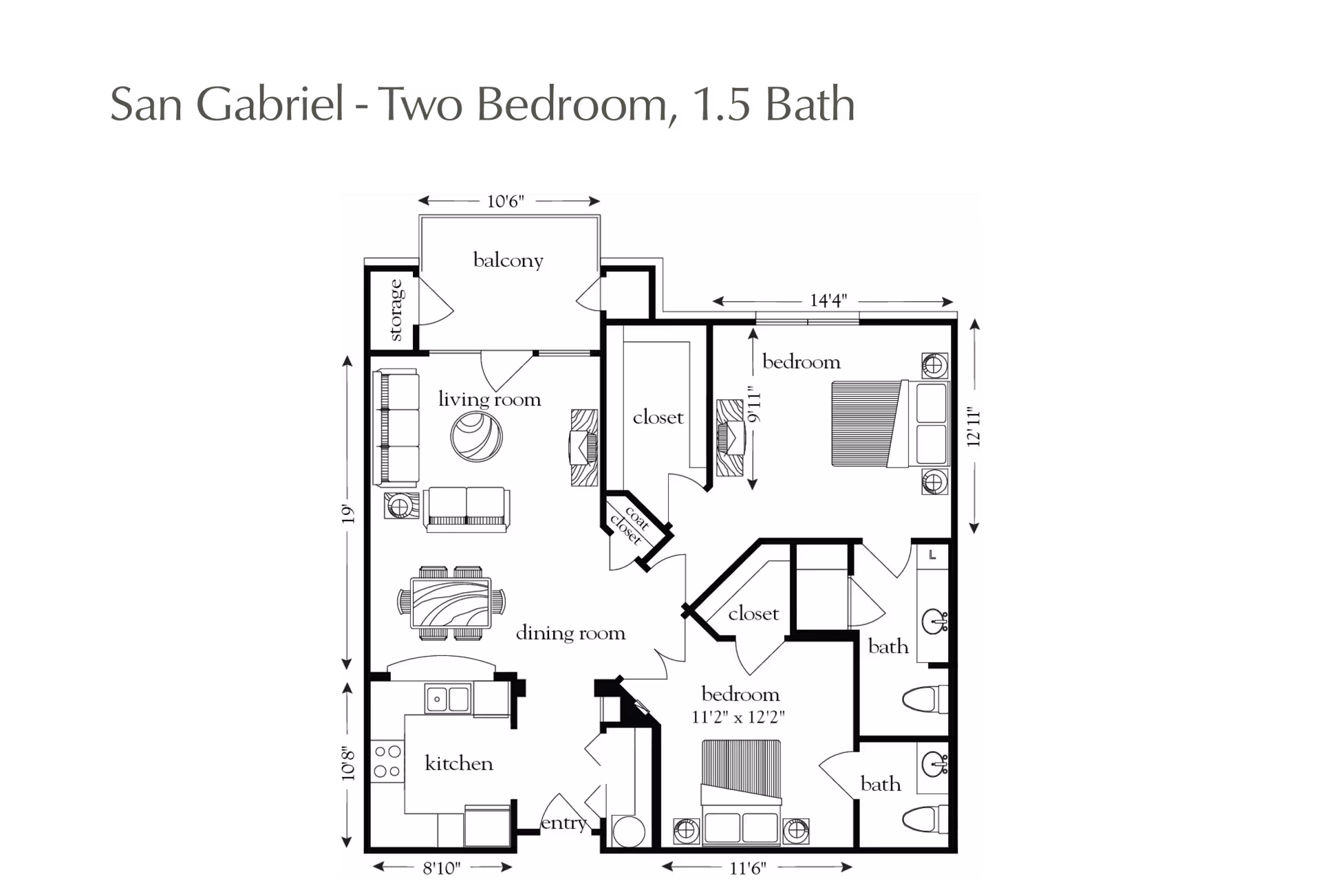 Floor plan titled 'San Gabriel - Two Bedroom, 1.5 Bath' showing layout with two bedrooms, one and a half bathrooms, kitchen, dining room, living room, balcony, and multiple closets.