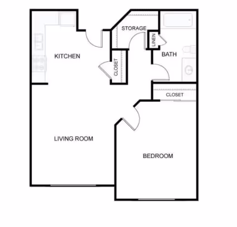 Black-and-white floor plan of a one-bedroom apartment showing a kitchen, living room, bedroom, bathroom, closets, linen and storage areas.