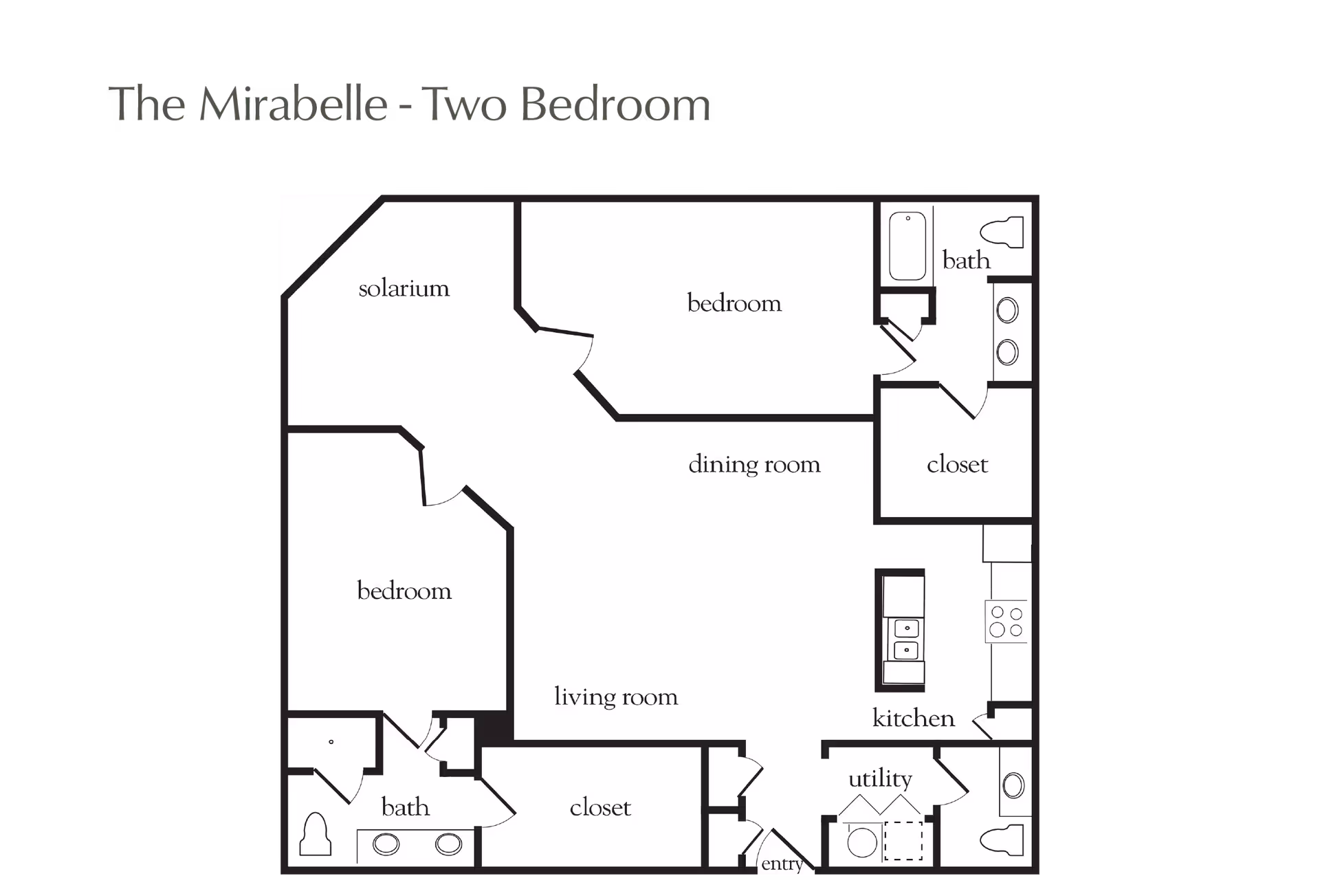 Floor plan titled 'The Mirabelle - Two Bedroom' showing layout with two bedrooms, two bathrooms, solarium, dining room, living room, kitchen, utility room, closets, and entry.