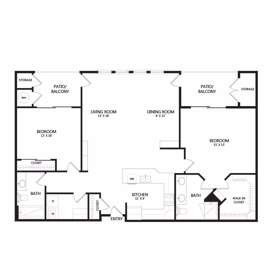 Architectural floor plan of a two-bedroom apartment featuring two patios/balconies with storage, two bathrooms, a kitchen with dishwasher, a dining room, a living room, closets including a walk-in closet, and an entry area.
