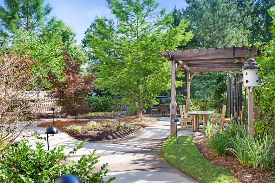 A peaceful outdoor garden area with a paved walkway, surrounded by lush green trees and plants. There is a wooden pergola with a table and chairs underneath, and a birdhouse mounted on a post nearby. The scene is bright and sunny with clear blue skies.