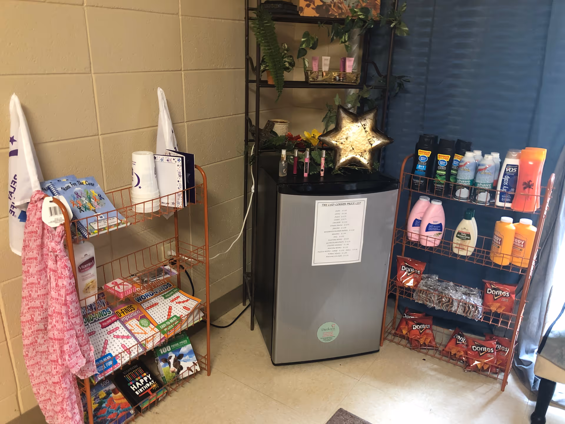 Mini refrigerator between two wire shelving units stocked with toiletries, snacks, and activity books in a common area.
