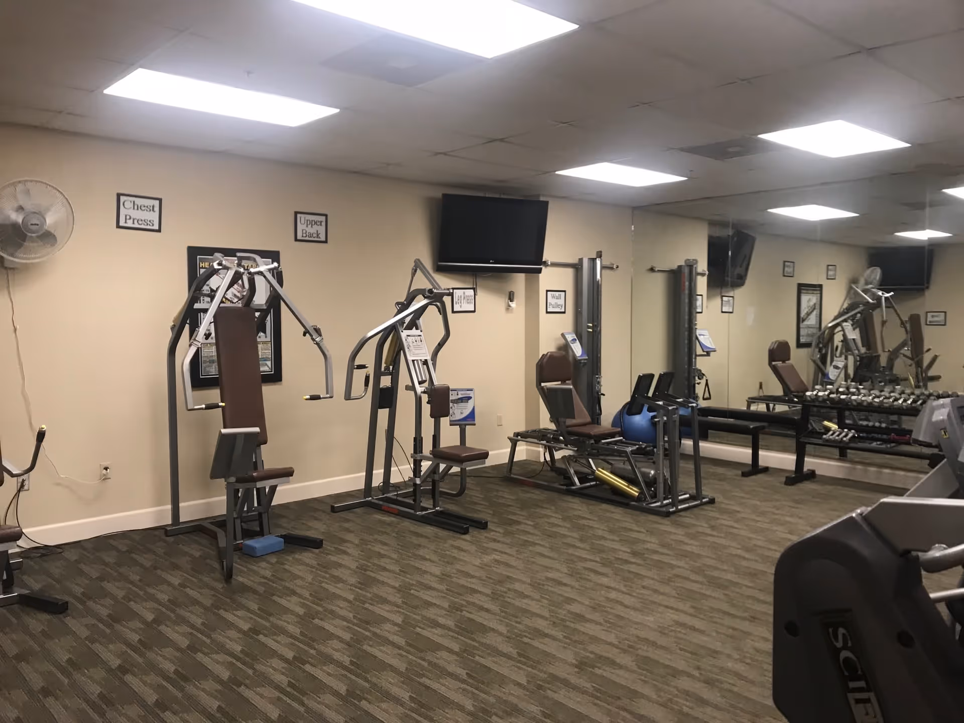 A small fitness room with exercise machines including a chest press, upper back machine, and wall pulley. The room has beige walls, a carpeted floor, a large mirror on one wall, and a wall-mounted TV.