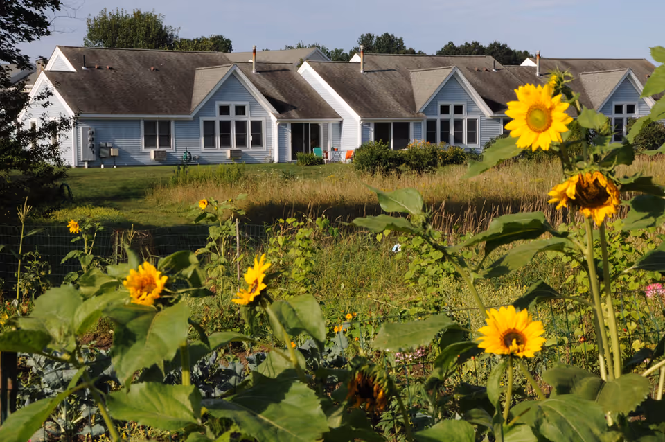 Front view of a single-story light-blue retirement community building seen across a grassy field with sunflowers in the foreground.