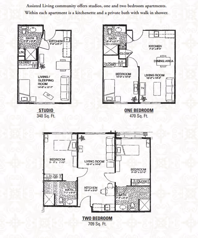 Floor plans for Heritage Senior Living At Oakwood Hills showing three apartment layouts: a 340 sq. ft. studio with living/sleeping room, kitchenette, bath, closet, and linen closet; a 470 sq. ft. one-bedroom with bedroom, living room, dining area, kitchen, bath, closet, and linen closet; and a 709 sq. ft. two-bedroom with two bedrooms, two baths, living room, kitchen, and closets.