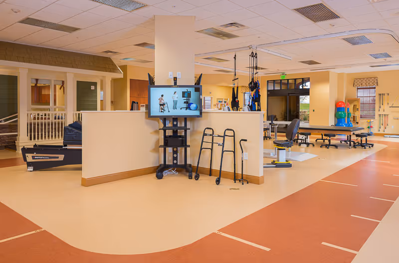 A spacious physical therapy room in a senior living facility with exercise equipment, walkers, a treadmill, therapy tables, and a TV mounted on a beige partition wall. The room has a warm color scheme with beige and orange flooring and yellow walls, and large windows letting in natural light.
