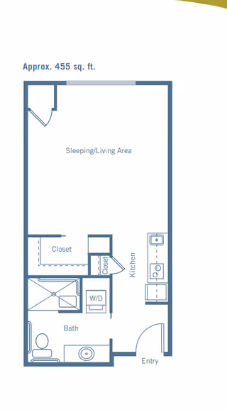 Floor plan of a studio apartment approximately 455 square feet, showing an entry leading to a kitchen area with sink and stove, a sleeping/living area, two closets, a bathroom with toilet, sink, and shower, and a washer/dryer unit.