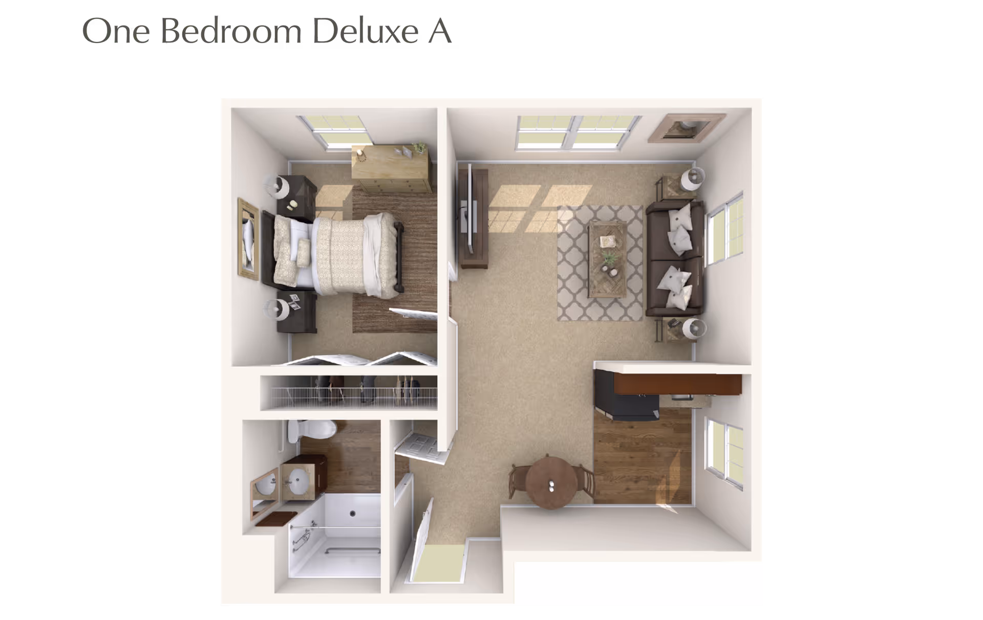 Top-down floor plan of a one-bedroom deluxe apartment showing a bedroom with a bed, nightstands, and dresser; a living room with a sofa, coffee table, TV, and side tables; a kitchen area with appliances and a small dining table with two chairs; and a bathroom with a sink, toilet, and bathtub.