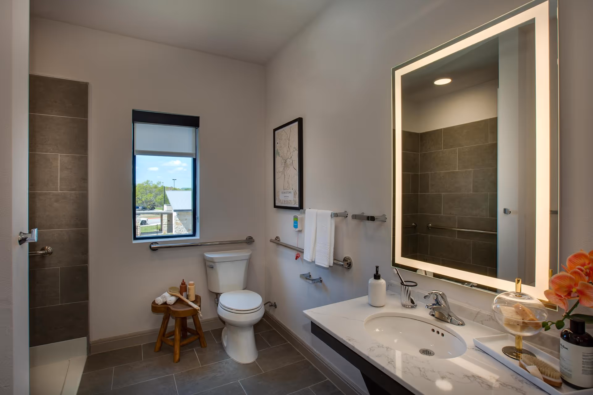 Well-lit accessible bathroom with a toilet, illuminated vanity mirror and sink, and a tiled walk-in shower.