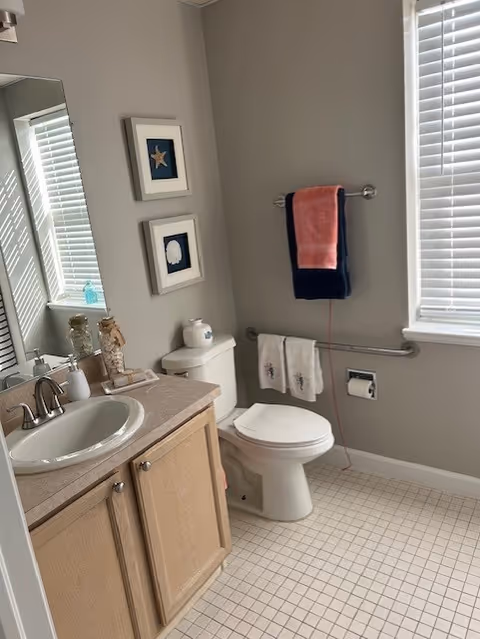 Bright bathroom with a sink and vanity, toilet, towel bars and grab bar, window with blinds, and framed wall art.