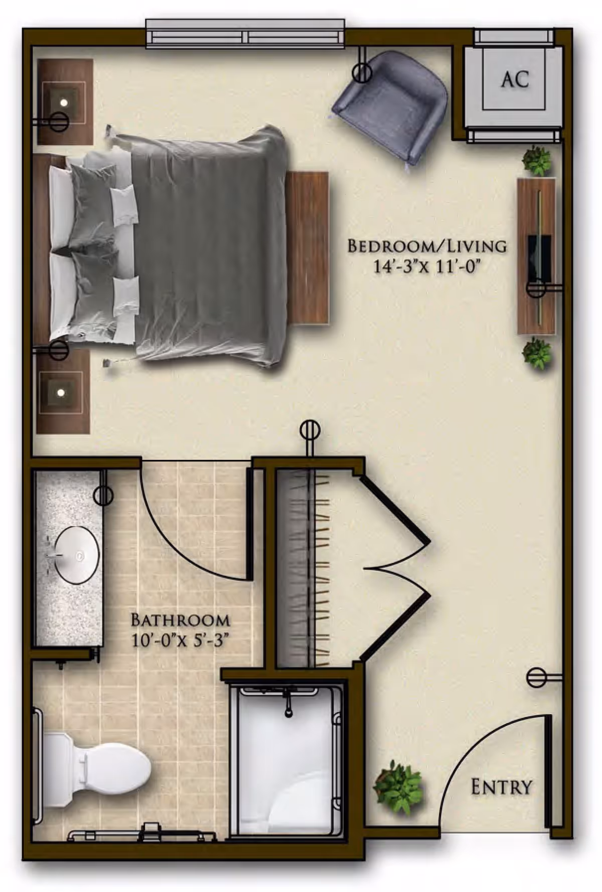 Floor plan of a senior living unit at Harmony at Enterprise showing a combined bedroom and living area measuring 14 feet 3 inches by 11 feet, with a bed, two nightstands, a chair, a TV stand with a television, and an air conditioning unit. The bathroom measures 10 feet by 5 feet 3 inches and includes a toilet, sink, and shower. There is an entry door and a closet near the entry.