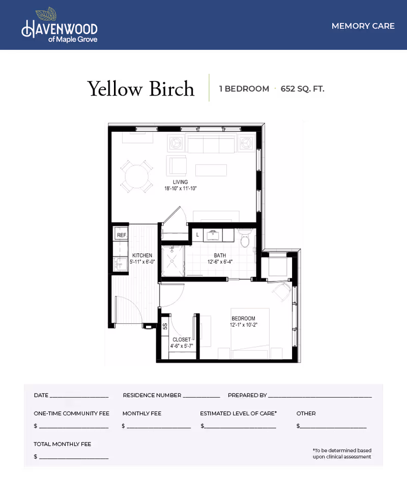 Floor plan of a 1-bedroom, 652 square feet memory care residence at Havenwood of Maple Grove, showing a living room, kitchen, bathroom, bedroom, and closet with dimensions.