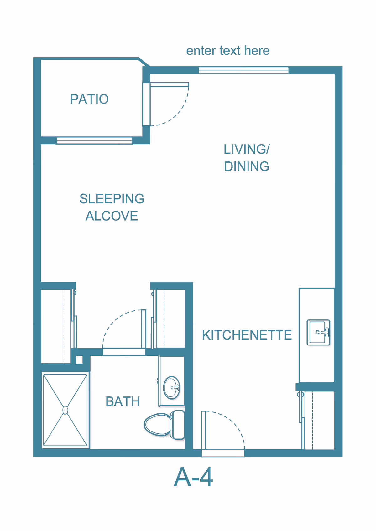 Floor plan labeled A-4 showing a layout with a patio, sleeping alcove, living/dining area, kitchenette, and a bathroom with a shower, sink, and toilet.
