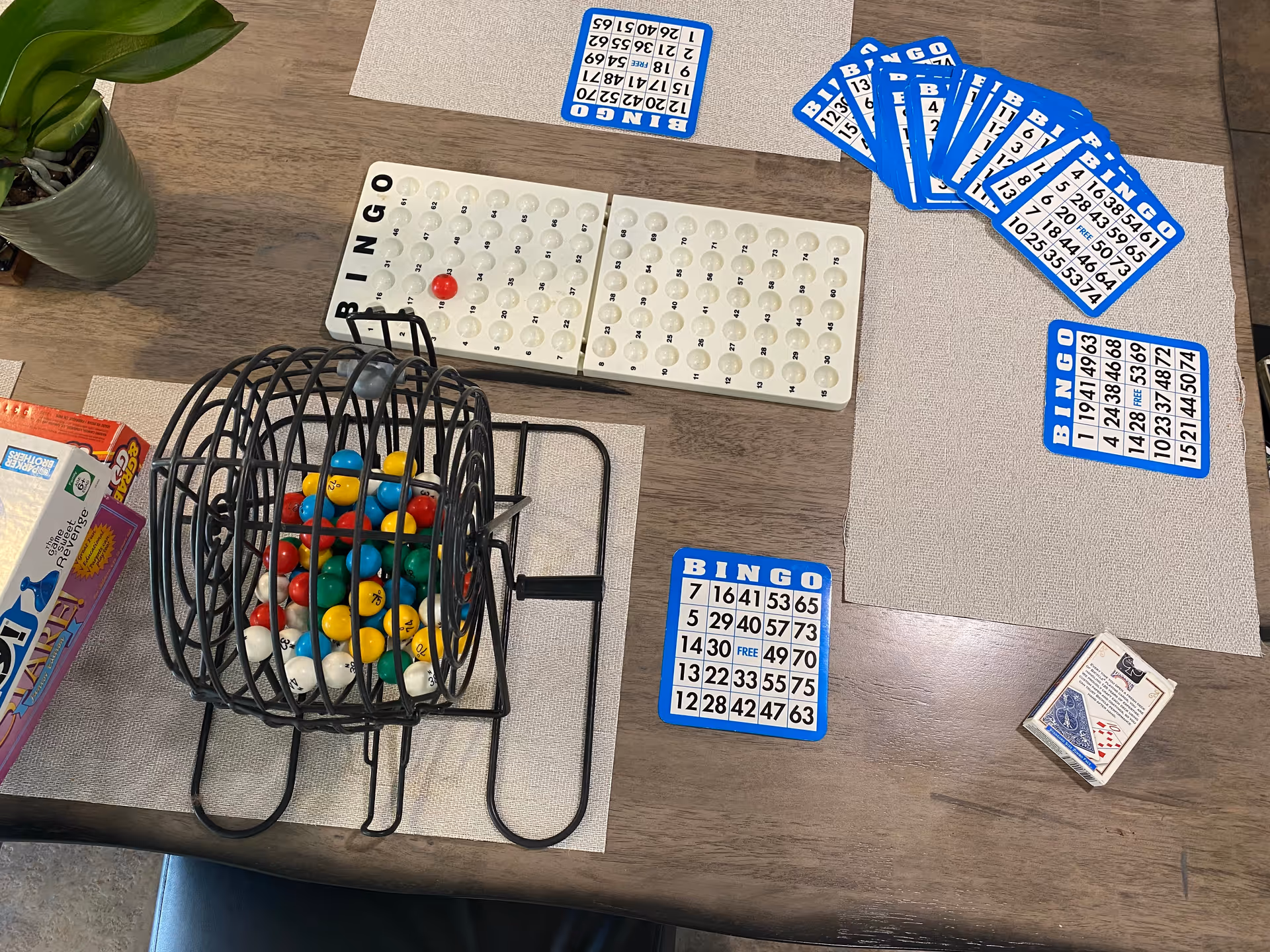 A wooden table set up for a game of bingo with a bingo cage containing colorful balls, bingo cards, a bingo number board, and a deck of playing cards. There is also a small potted plant on the table.