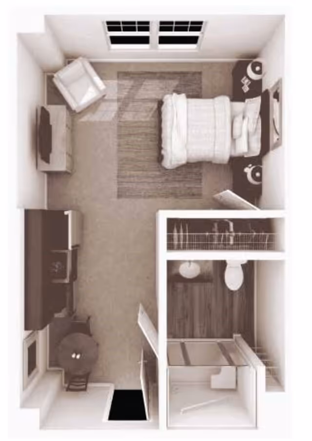 Top-down view of a small apartment layout featuring a bedroom area with a bed, two nightstands, an armchair, and a TV on a stand. Adjacent to the bedroom is a kitchen area with cabinets, a refrigerator, and a small round dining table with two chairs. There is a bathroom with a toilet and sink, and a separate shower area. The apartment also includes a closet space.