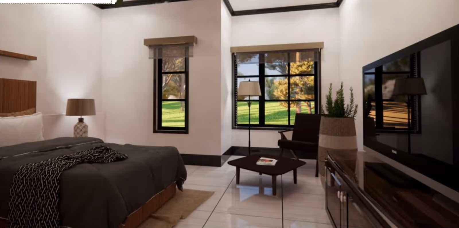 A modern bedroom with a large bed covered in dark bedding, a bedside table with a lamp, two windows showing a green outdoor landscape, a small coffee table with a magazine, a dark armchair, a tall floor lamp, a large flat-screen TV on a wooden cabinet, and a tall potted plant.