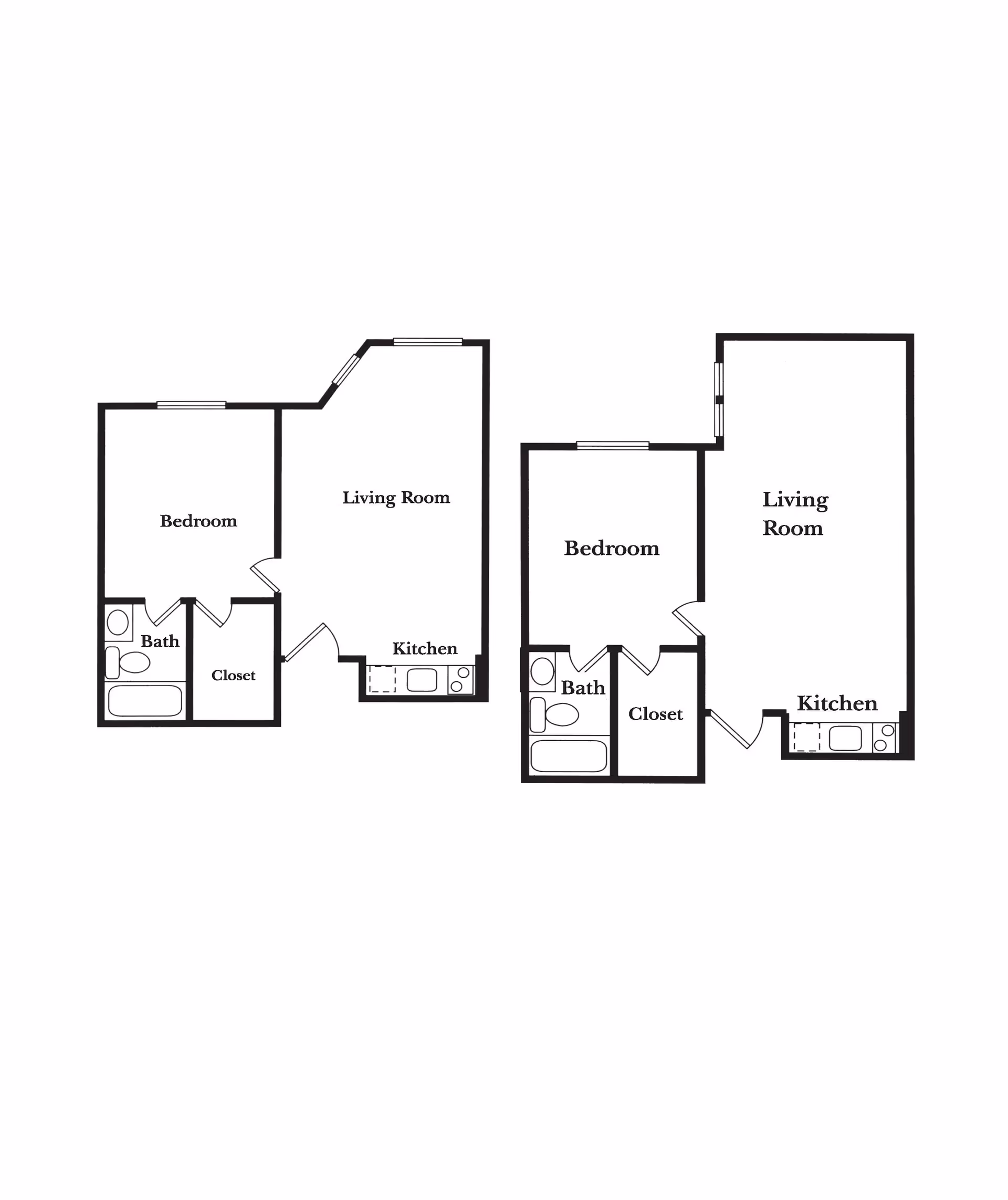 Two black and white architectural floor plans side by side, each showing a layout with a bedroom, bathroom, closet, living room, and kitchen.