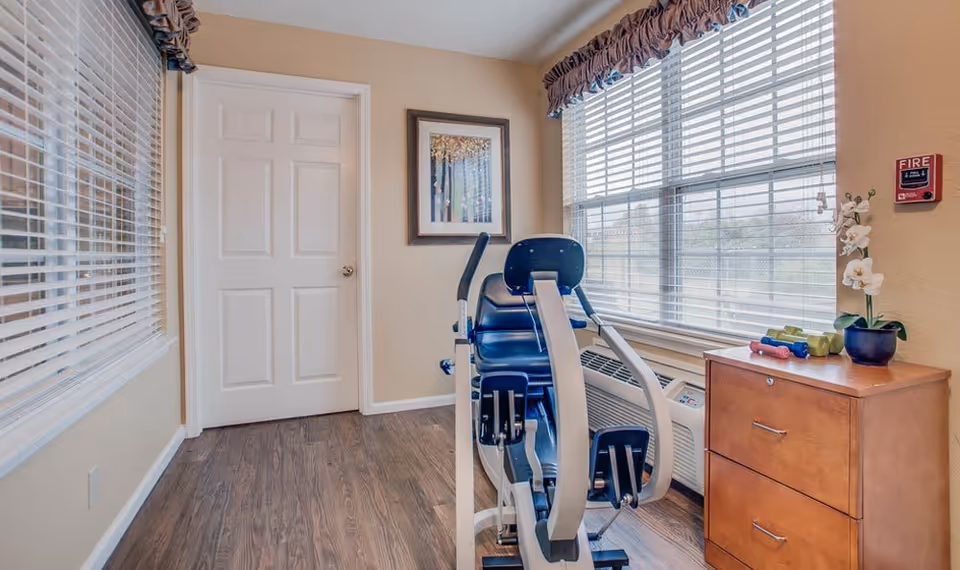 Small interior room featuring a recumbent exercise machine by large windows, wood floors, and a wooden cabinet with hand weights and a potted plant.