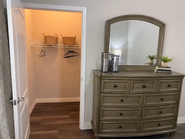A bedroom area featuring a green wooden dresser with a large mirror on top. On the dresser are decorative items including two lanterns, a small plant, and a stack of books. To the left, there is an open door leading to a walk-in closet with a shelf holding two wicker baskets and several empty hangers on a hanging rod. The floor is dark wood, and the walls are light-colored.