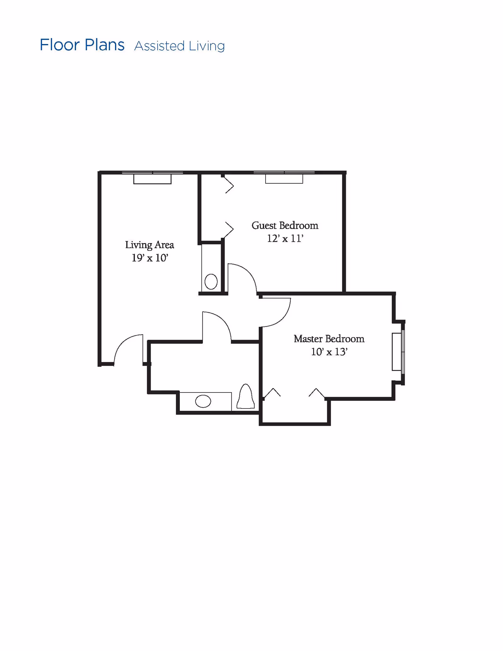 Floor plan for an assisted living unit at Brookdale Highlands showing a living area measuring 19 by 10 feet, a guest bedroom measuring 12 by 11 feet, and a master bedroom measuring 10 by 13 feet. The layout includes two bathrooms and connecting doors between rooms.